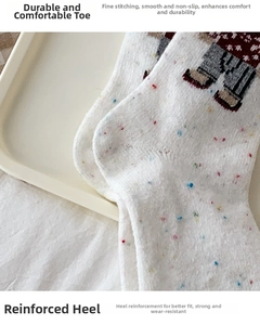 Detail of reinforced heel and flat seamless toe on cartoon bear wool socks