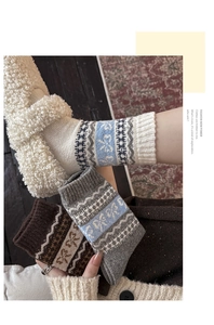 Detailed knit texture of vintage Fair Isle wool socks with classic Nordic snowflake patterns