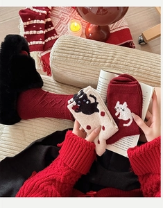 Detailed knit texture of wool socks featuring cute cartoon cats and argyle patterns