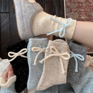 Women Wool Blend Crew Socks With Bow Soft Confetti Knit Warm Thick Winter Socks Floral Dot Pattern Casual Fashion Hosiery