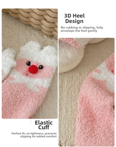 Detailansicht der elastischen Bündchen und 3D-Fersenform rosa Korallenfleece-Socken