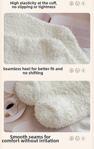 Detailed views of elastic cuffs, heels and toe seams of white coral fleece socks