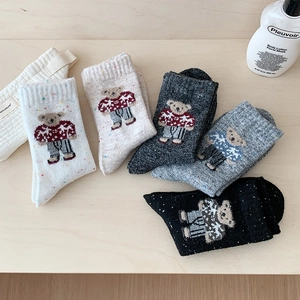5-pack thick wool blend crew socks with teddy bear embroidery and colorful neps