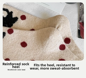 Detail of 3D knit heel on wool socks with red polka dots and reinforced fabric