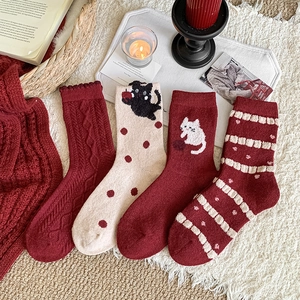 Women Cute Cartoon Cat Wool Blend Mid-Calf Socks Japanese Style Argyle Polka Dot Striped Warm Winter Socks For Daily Wear