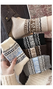 Detail of vintage bow jacquard knit socks showing Fair Isle patterns and soft wool texture
