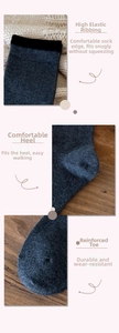Detail of wool knit socks showing elastic ribbed cuffs, comfortable heel and reinforced toe