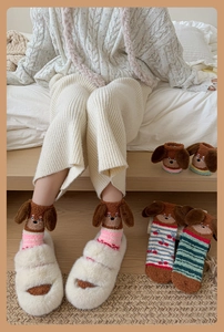 Close-up of cute 3D dachshund puppy coral fleece socks and plush winter slippers