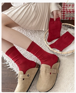 Close-up of deep red mid-calf knit socks featuring a 3D embossed cartoon bear design