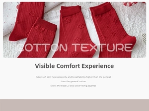 Macro detail of red cotton socks showing 3D embossed floral patterns and soft texture