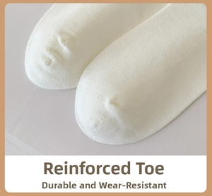 Macro view of reinforced toe detail on white knitted crew socks for enhanced durability