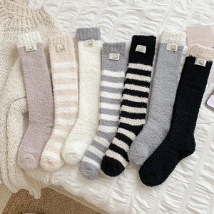 Thick coral fleece striped stockings with bear label in multiple colors and patterns