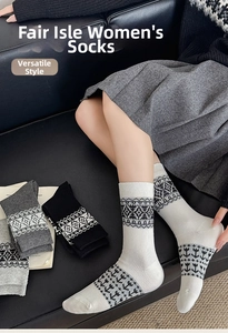 Detail of thick Fair Isle knitted socks for women with vintage geometric patterns