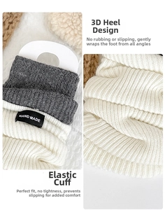 Detail der 3D-Fersenform und der hochelastischen Bündchen der Strickstulpen mit Etikett