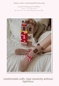Detail of coral fleece Capybara socks with plush 3D bear head and elastic cuffs