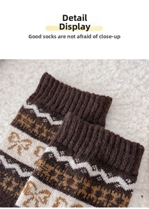 Close-up of Fair Isle wool socks with bow patterns and thick winter knitted texture