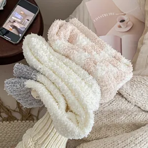 Three pairs of thick coral fleece calf socks with stripes for winter warm home wear