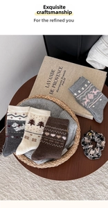 Detail of wool-blend knit socks with vintage Fair Isle patterns and cute dog motifs
