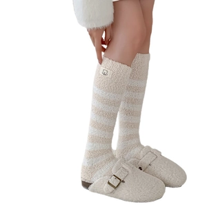 Striped coral fleece calf socks with cute bear patch and plush mule slippers set