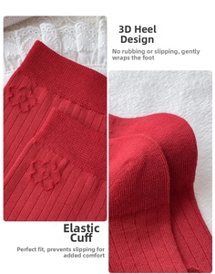 Detailed views of vintage red knit socks with 3D floral embroidery and elastic cuffs
