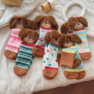 Women Cartoon Dog Coral Fleece Sleeping Socks Winter Thick Warm 3D Ear Mid-Calf Indoor Home Hosiery Cozy