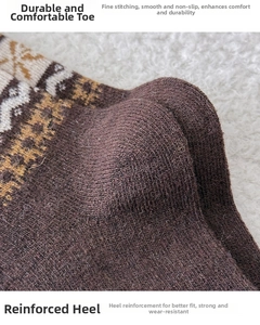 Macro shot of Fair Isle wool socks showing reinforced heel and flat-seam toe construction
