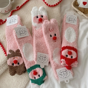 Korallenfleece Socken Damen Wadenhoch Verdickt Warm Indoor Schlafenssocken Cartoon Tier Rentier 3D Rote Nase Plüsch