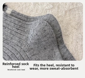 Detail of 3D reinforced heel on gray wool blend socks with thick textured knit fabric