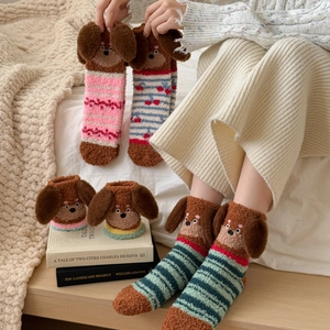 Cute cartoon dachshund coral fleece crew socks in assorted colors for warm winter home wear