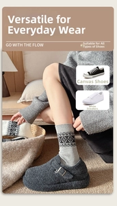 Close-up of Fair Isle knit socks with Nordic snowflake patterns in a cozy home setting