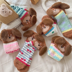 Cozy coral fleece mid-calf socks with 3D cute cartoon dog heads in various colors