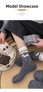 Detail of wool socks with vintage Fair Isle patterns and cute dog motifs in a cozy basket