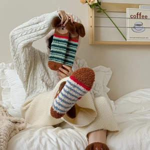 Cozy 3D dachshund coral fleece socks with cute cartoon ears and warm striped pattern