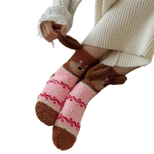 3D dachshund cartoon coral fleece socks for women with thick warm stripe pattern
