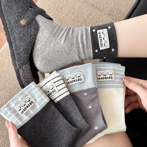 Women Mid Calf Socks Cotton Knit Cute Cartoon Dog Handmade Label Striped Polka Dot Breathable Casual Slouch Socks