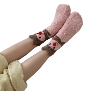 Rosa Korallenfleece Thermosocken mit süßem Rentier-Design und 3D-Nase für Winter