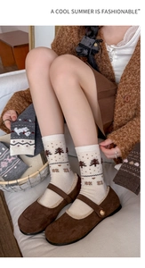 Close-up of vintage Fair Isle wool socks with pine tree and geometric patterns