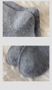 Détail du talon sans couture et de la pointe renforcée sur des chaussettes en laine grise