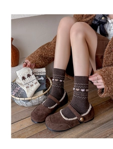 Close-up of Fair Isle knit wool socks with heart patterns worn with fur-lined Mary Janes