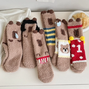 Women Coral Fleece Sleep Socks Thickened Warm Mid Calf House Socks Cartoon Cute Animal Capybara Bear Winter Soft