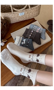 Detailed knit pattern on cozy wool-blend crew socks with Nordic Fair Isle deer and tree motifs