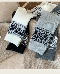 Detailed knit texture of vintage Fair Isle crew socks on a cozy winter blanket