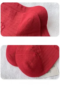 Detail view of reinforced heel and seamless toe on red knit socks with 3D texture