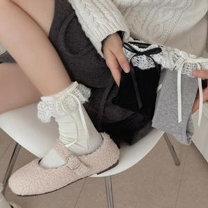 Calzini Donna Dolci Con Bordo in Pizzo e Fiocco in Maglia a Costine Cotone Pettinato Stile Lolita Traspirante Moda