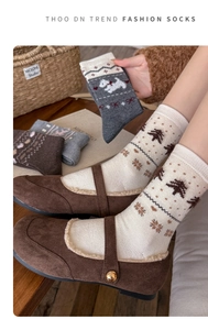 Detail of wool knit socks with Fair Isle patterns and cute dog motifs for winter