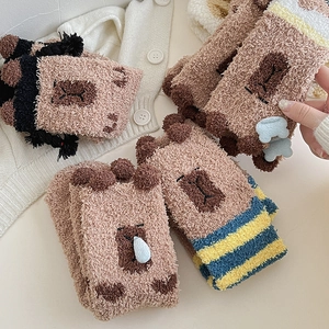 Capybara coral fleece socks for women, thickened warm winter mid-calf fluffy socks