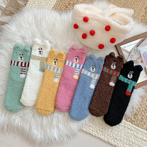 Women Thickened Coral Fleece Mid Tube Socks Winter Warm Sleeping Hosiery Cute Cartoon Bear Embroidery With 3D Ears