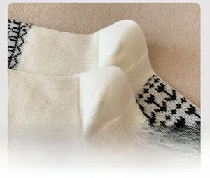 Detail of reinforced heel on Fair Isle patterned thick wool blend crew socks for winter