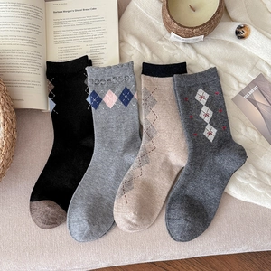 Chaussettes Vintage en Mélange de Laine à Losanges pour Femmes Hiver Épaisses Chaudes Mi-mollet Mode Rétro Chaussettes