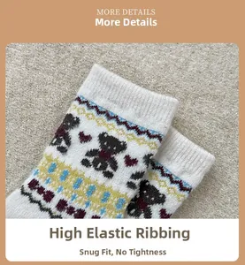 Detail of high-elasticity ribbed cuff on bear pattern wool socks for added comfort